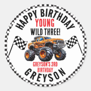 Sticker Rond Fête d'anniversaire des Enfants Monster Trucks