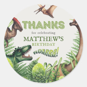 Sticker Rond Fête d'anniversaire du dinosaure T-Rex Merci