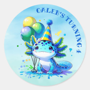 Sticker Rond Fête d'anniversaire du garçon Axolotl bleu et vert
