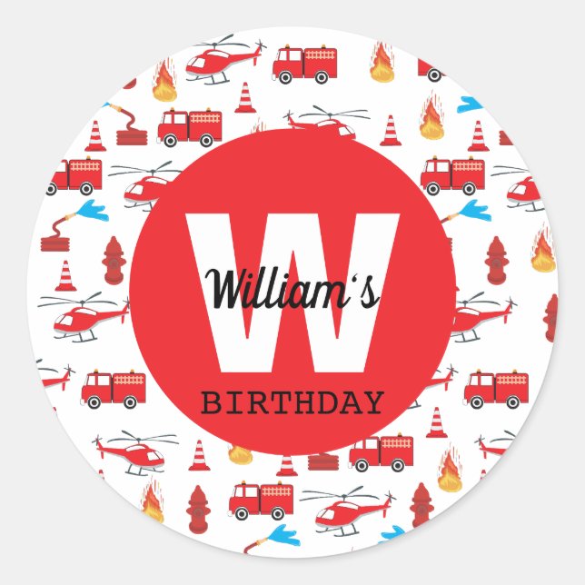 Sticker Rond Fête d'anniversaire du moteur de camion de pompier (Devant)