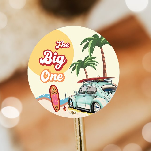 Sticker Rond Fête d'anniversaire du surf de plage (Créateur téléchargé)