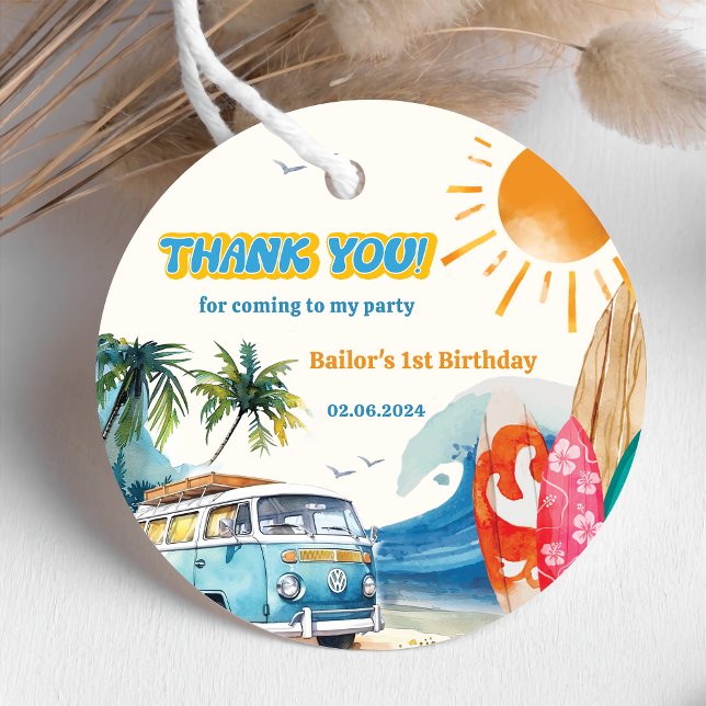 Sticker Rond Fête d'anniversaire du surf de plage (Créateur téléchargé)
