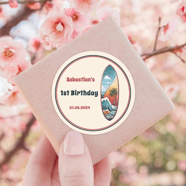 Sticker Rond Fête d'anniversaire du surf de plage (Créateur téléchargé)