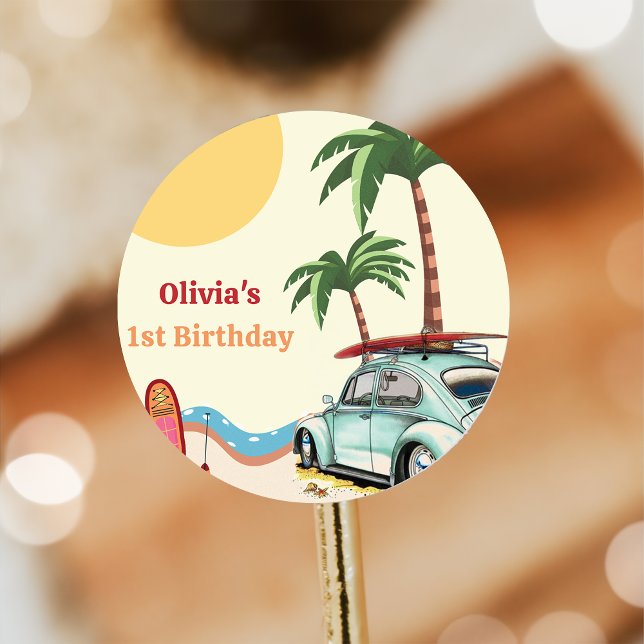 Sticker Rond Fête d'anniversaire du surf de plage (Créateur téléchargé)
