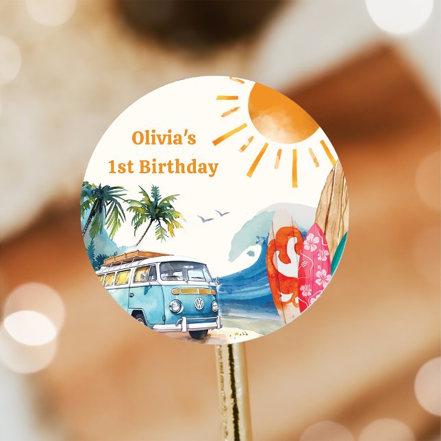 Sticker Rond Fête d'anniversaire du surf de plage (Créateur téléchargé)