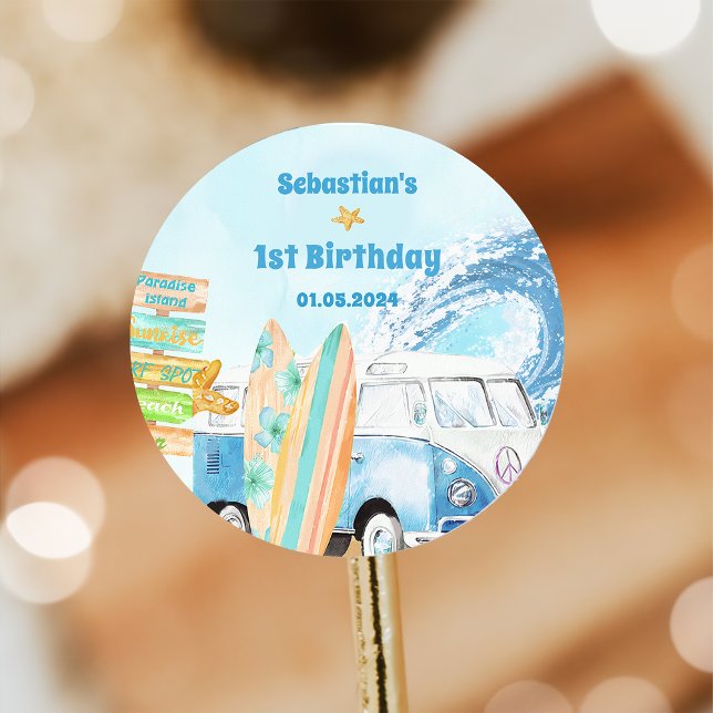 Sticker Rond Fête d'anniversaire du surf de plage (Créateur téléchargé)