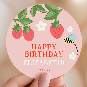 Sticker Rond Fête d'anniversaire Faveur Merci Fraise Rose