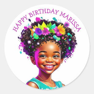 Sticker Rond Fête d'anniversaire Fille afro-américaine personna