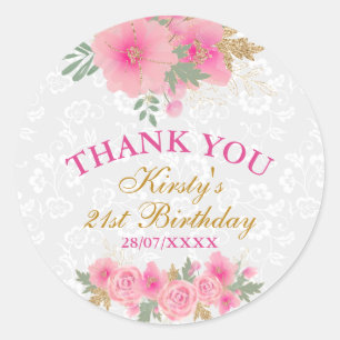 Sticker Rond Fête d'anniversaire fleurs roses aquarelle feuille