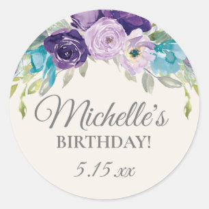 Sticker Rond Fête d'anniversaire florale aquarelle bleu violet