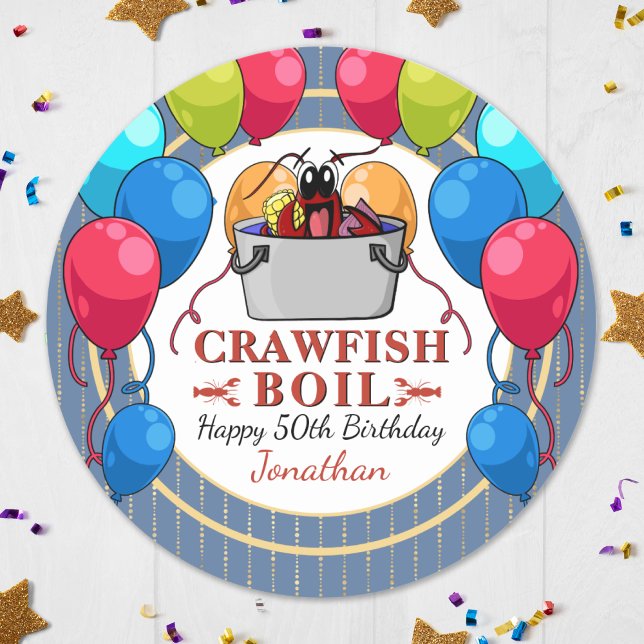 Sticker Rond Fête d'anniversaire fruits de mer échaudée d'écrev (Crawfish Boil Birthday Seafood Party Classic Round Sticker Perfect for a birthday of any age!)