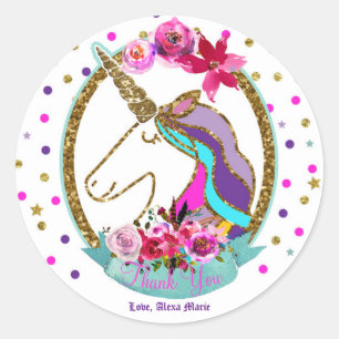 Sticker Rond Fête d'anniversaire licorne à pois avec paillettes