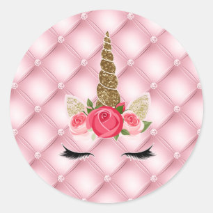 Sticker Rond Fête d'anniversaire licorne paillettes dorées et r