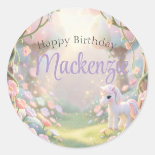 Sticker Rond Fête d'anniversaire licorne pastel arc-en-ciel et