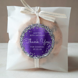 Sticker Rond Fête d'anniversaire Merci Paillettes argentées vio