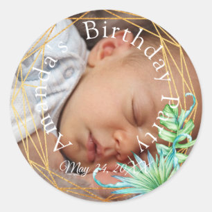Sticker Rond Fête d'anniversaire Photo Baby Shower Tropical Or