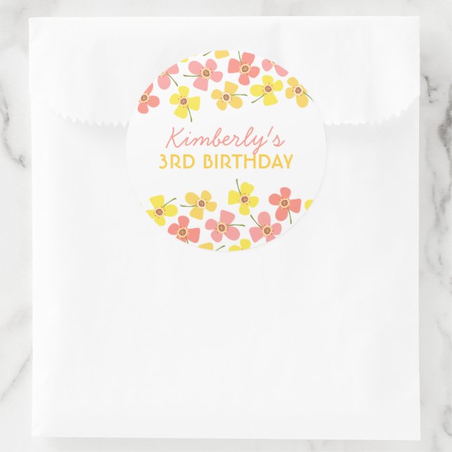 Sticker Rond Fête d'anniversaire Pop Chic Fille Rose Daisies Fa (Sac)