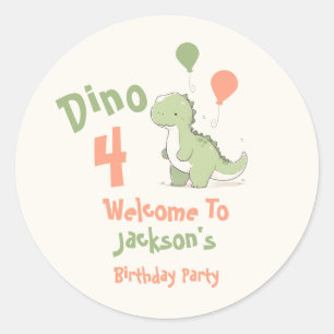 Sticker Rond Fête d'anniversaire pour les 4 ans de Dinosaure Bi
