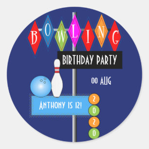 Sticker Rond Fête d'anniversaire rétro de bowling bleu royal