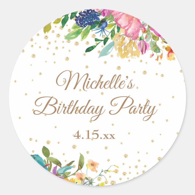 Sticker Rond Fête d'anniversaire rose jaune bleu floral (Devant)