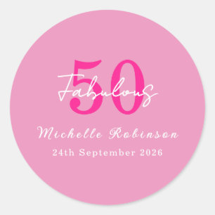 Sticker Rond Fête d'anniversaire rose moderne 50 ans et fabuleu