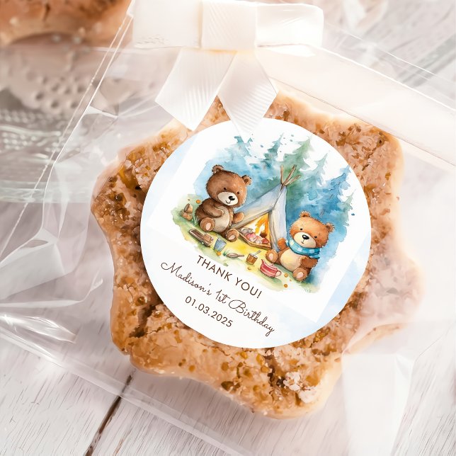 Sticker Rond Fête d'anniversaire rustique de Camping Mountain (Créateur téléchargé)