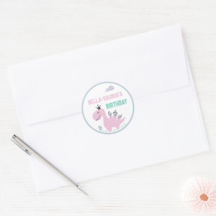 Sticker Rond Fête d'anniversaire super-dinosaure pour fille