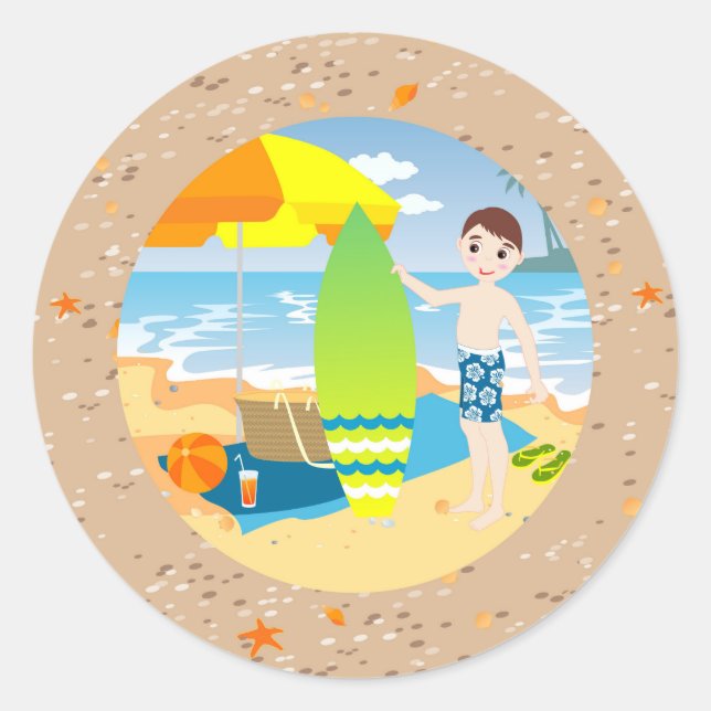 Sticker Rond Fête d'anniversaire Surf boy Beach (Devant)
