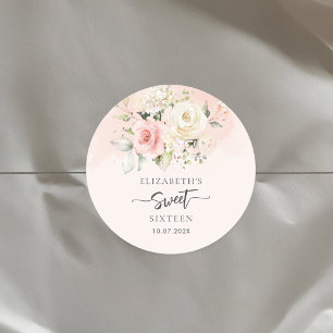 Sticker Rond Fête d'anniversaire Sweet 16 aquarelle florale ros
