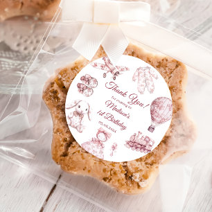 Sticker Rond Fête d'anniversaire Toile De Jouy rose 