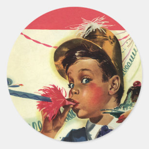 Sticker Rond Fête d'anniversaire vintage, fille avec crécelle