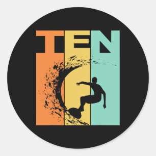Sticker Rond Fête de 10 ans sur le thème de la plage de surf po