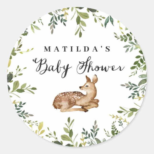 Sticker Rond Fête de baby shower de cerfs à fleurs d'aquarelle (Devant)
