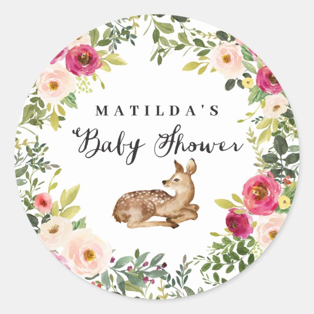Sticker Rond Fête de baby shower de cerfs à fleurs d'aquarelle (Devant)