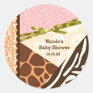 Sticker Rond Fête de Baby Shower Filles Thème Imprimé Safari Ro