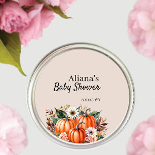 Sticker Rond Fête de bébé automnale aux citrouilles boho fleuri