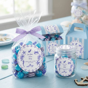 Sticker Rond Fête de Bébé « Bientôt sur les Côtes Bleues Rayées
