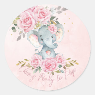 Sticker Rond Fête de bébé éléphant floral rose prête à éclore