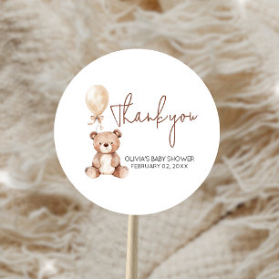 Sticker Rond Fête de bébé montgolfière Ourson Brun