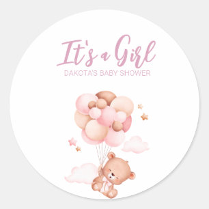 Sticker Rond Fête de bébé ours en peluche rose ballon