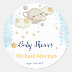 Sticker Rond Fête de Bébé Planète Étoiles Nuages Bleus