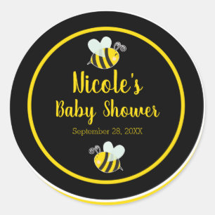 Sticker Rond Fête de bébé thème abeille noire et jaune blanche 
