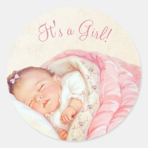 Sticker Rond Fête de Bébé Vintage Fille Rose