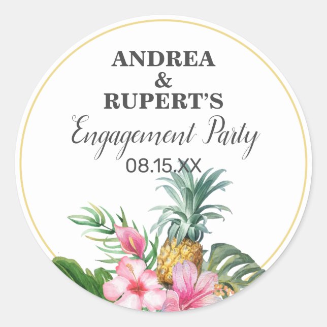 Sticker Rond Fête de fiançailles florale tropicale à l'ananas  (Devant)