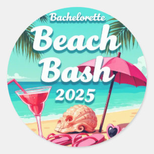 Sticker Rond Fête de Fiançailles Tropicale sur la Plage 2025