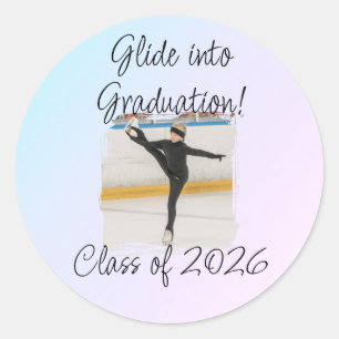 Sticker Rond Fête de fin d'études de patinage sur glace Bleu &