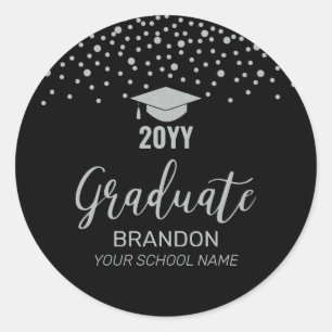 Sticker Rond Fête de graduation Silver Black Confetti Favoriser