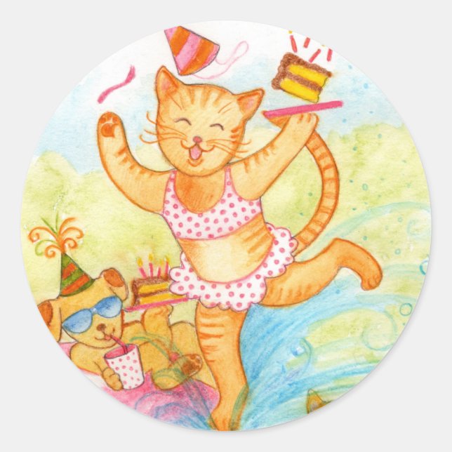 Sticker Rond Fête de la piscine d'anniversaire du chat (Devant)