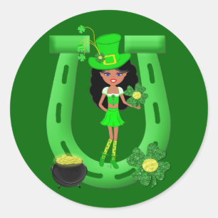 Sticker Rond Fête de la St Patrick Brunette Girl Leprechaun