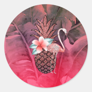 Sticker Rond Fête de luau d'ananas à paillettes tropicales rose